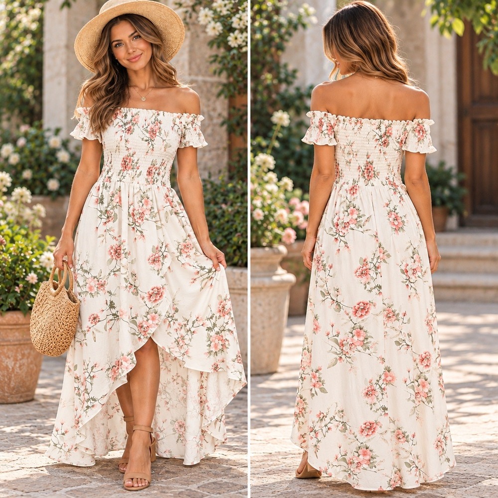 Ardene Dress White Pink Floral Off Shoulder Smocked High Low Boho Cottage L